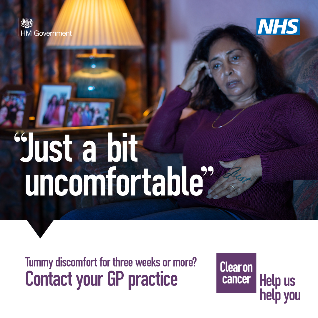 a woman pictured sitting on a sofa clutching her stomach and words that say if you have tummy discomfort for three weeks or more, contact your GPon