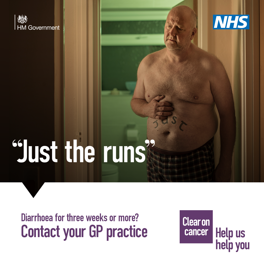 photo shows a man coming out of the bathroom with his hand on his stomach and words that say if you have had diarrhoea for three weeks or more to contact your GP