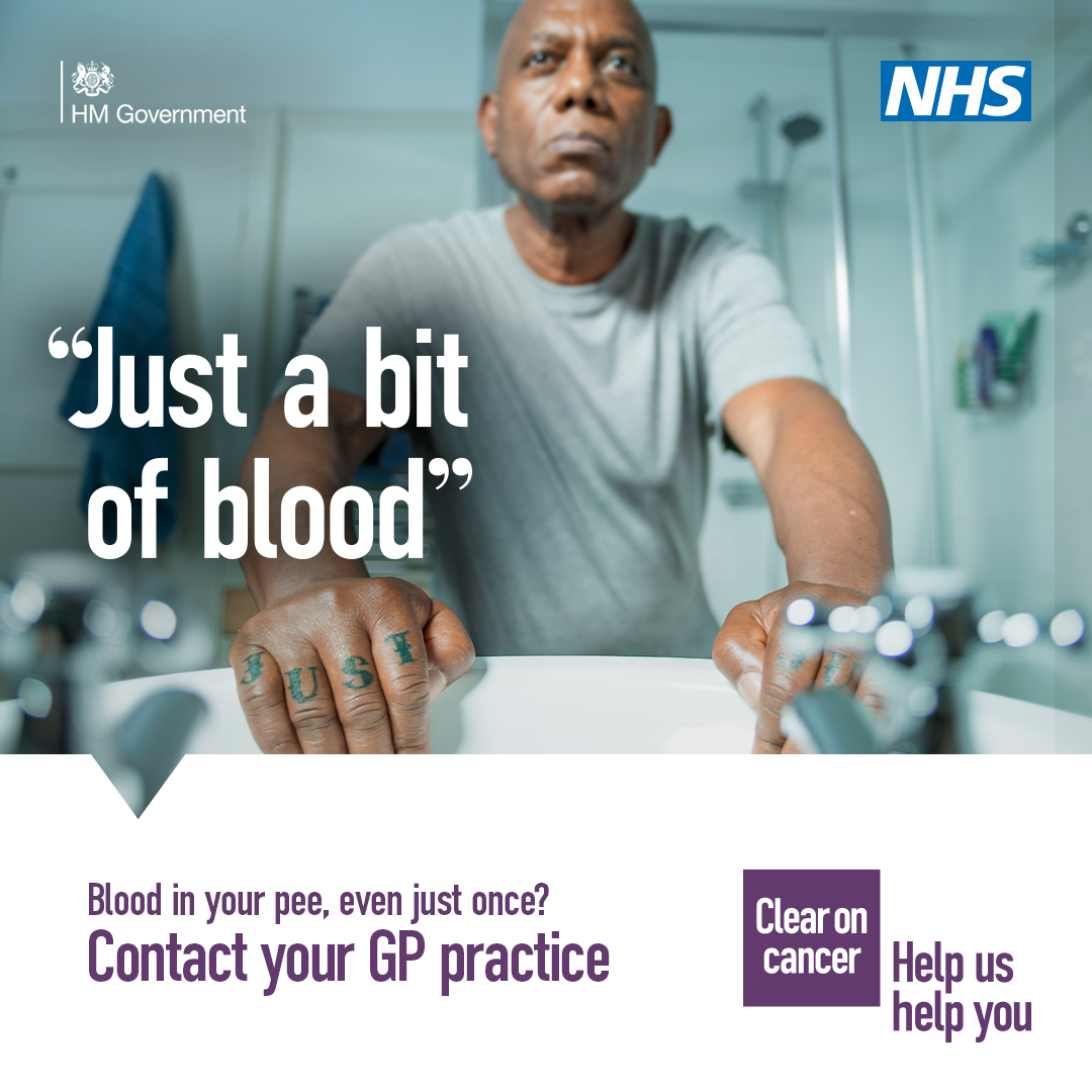 a man pictured in a bathroom with wording that says if there is blood in your pee, even just once, contact your GP