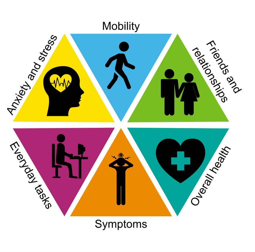 Graphic with icons of people and text reading: Mobility, friends and relationships, overall health, symptoms, every tasks and anxiety and stress.