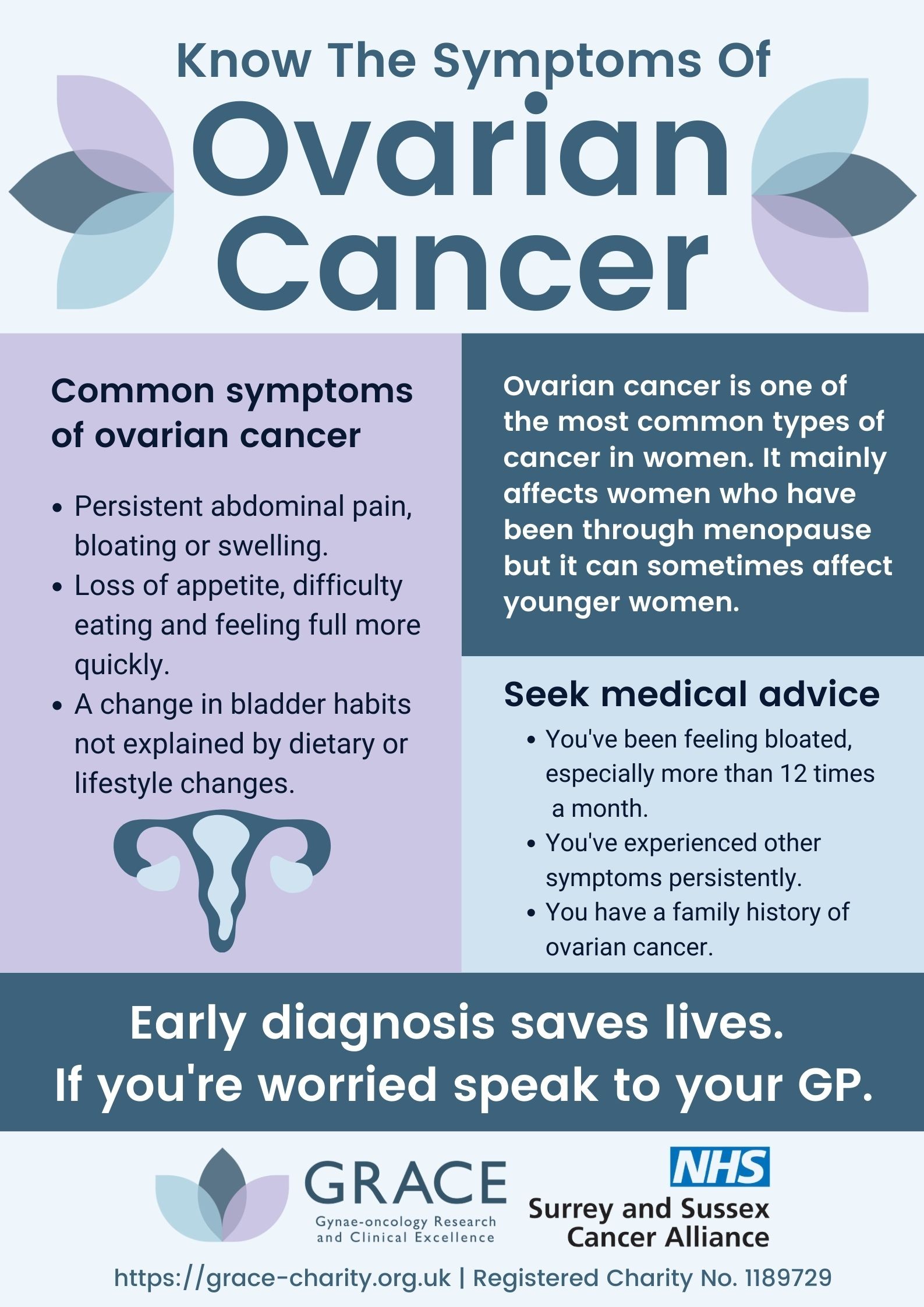 Image shows a poster created by GRACE gynaecology charity explaining the symptoms of ovarian cancerapking