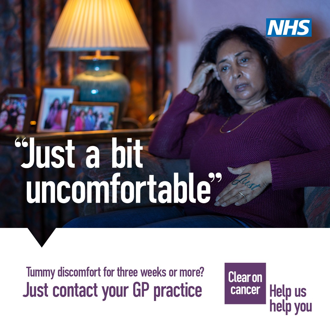 image shows woman clutching her stomach with wording `Just a Bit Uncomfortable' and advice to contact your GP 