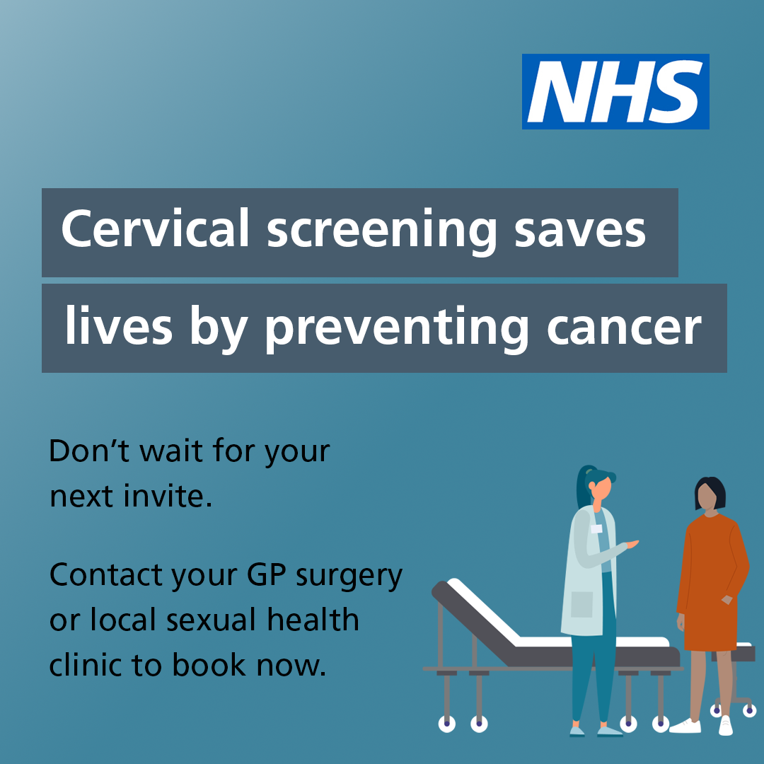 a poster which says cervical screening saves. Contact your GP surgery or local sexual health clinic to book now. lives. Don't wait for your next invite.