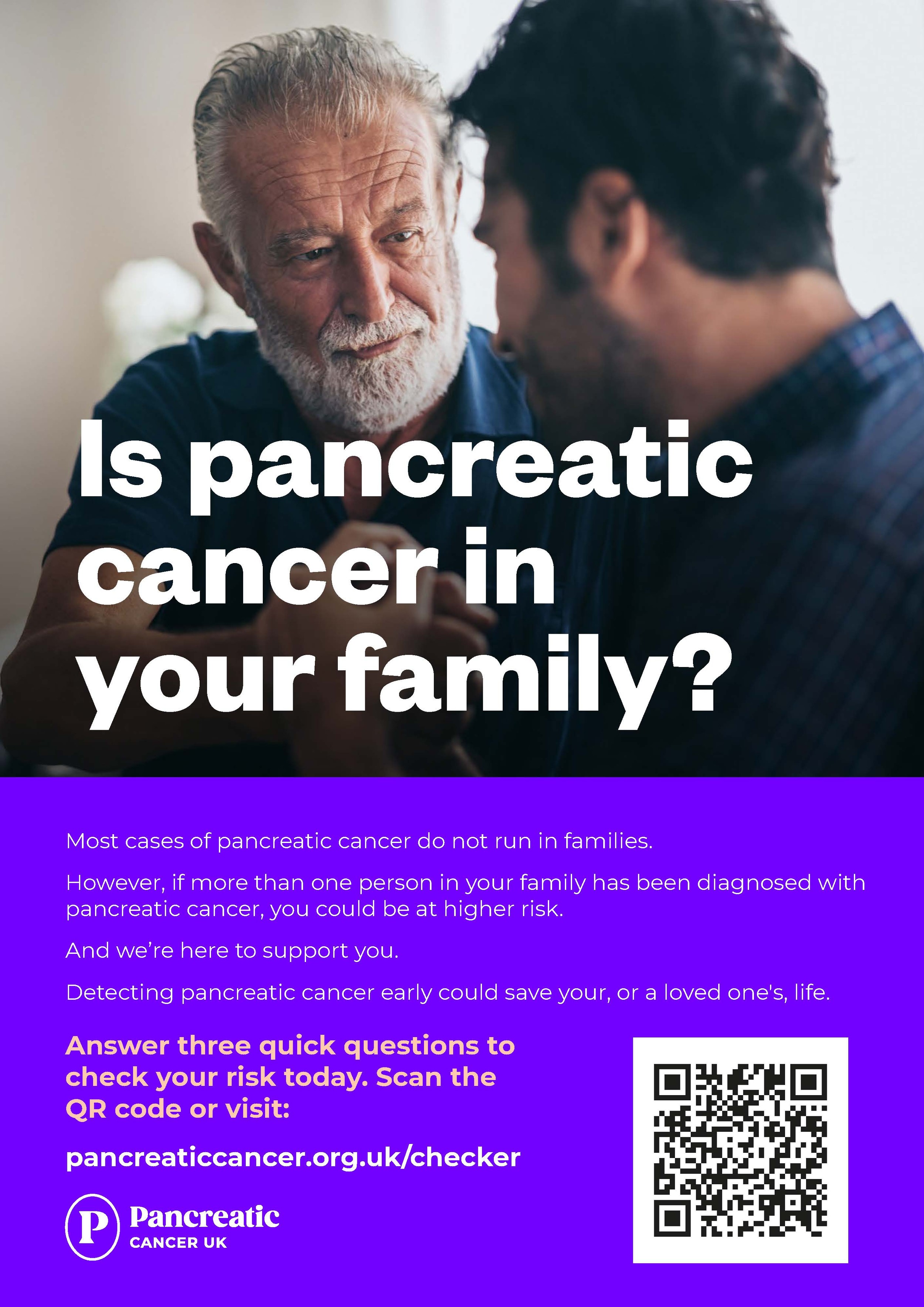 poster asking if pancreatic cancer is in your family, with a QR code to the Pancreatic Cancer UK online Family History Checker