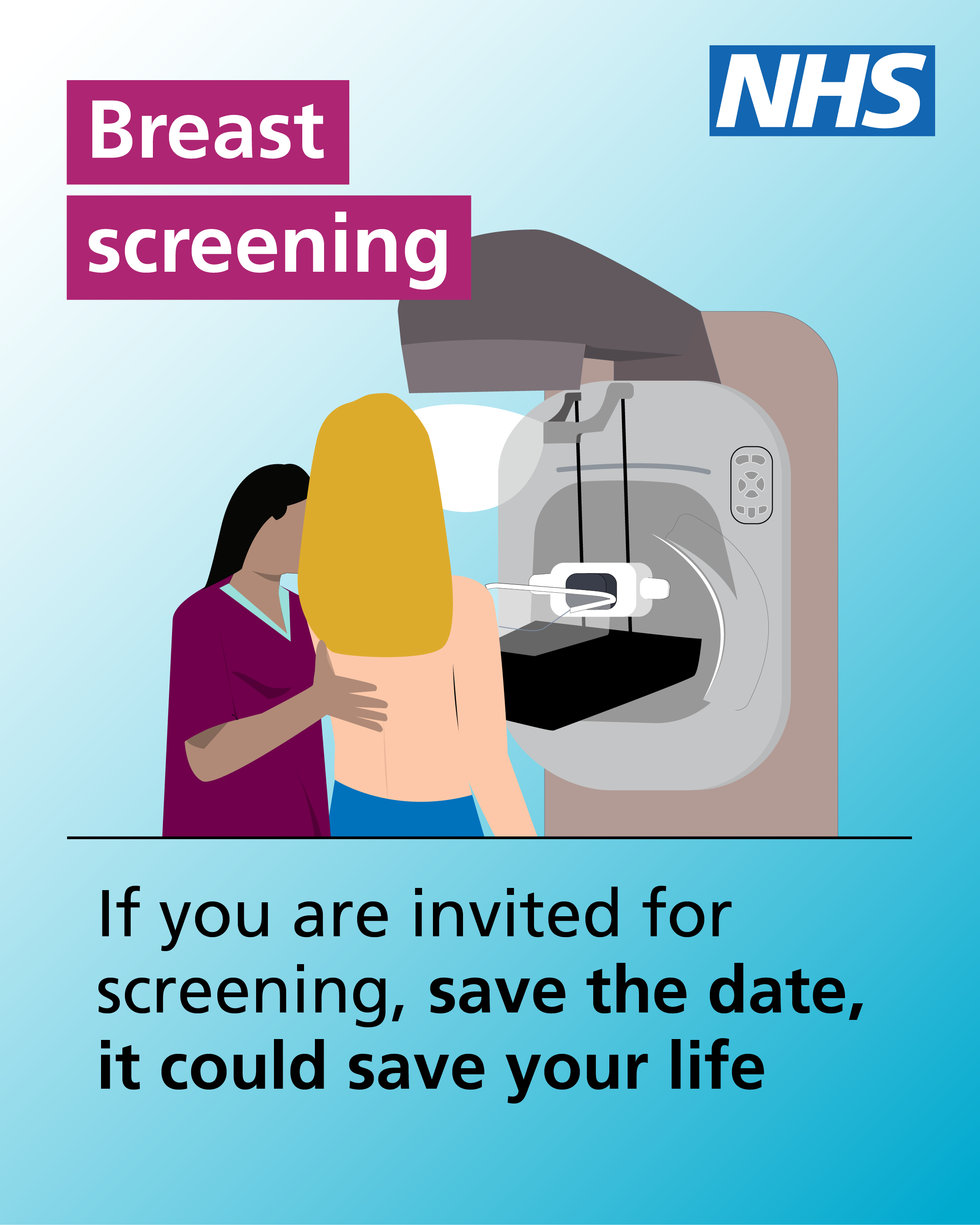 A poster with a picture of a woman having a mammogram and the words: NHS Breast Screening. If you are invited for screening, save the date. It could save your life .